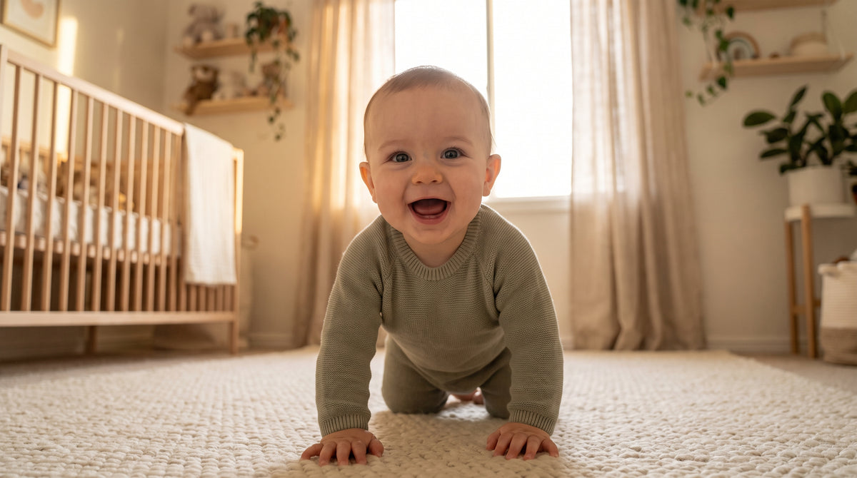 A happy baby crawling toward the camera in a warm, elegant nursery