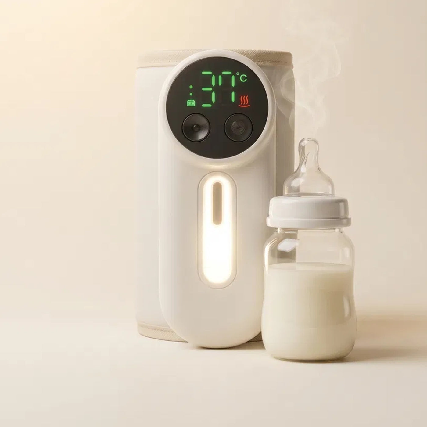 ZuzuNest portable bottle warmer at 37°C beside a warm baby bottle — view 1