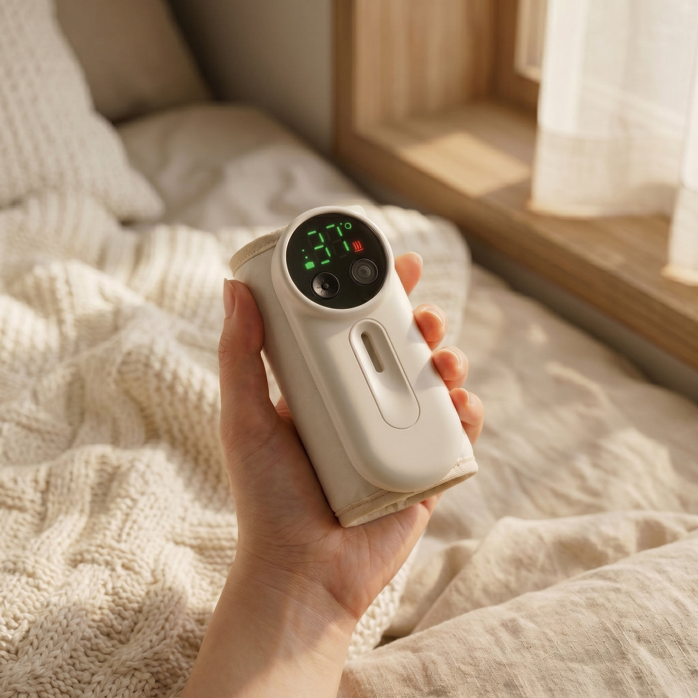 Hand holding the ZuzuNest portable bottle warmer showing a 37° reading on the green display — view 9