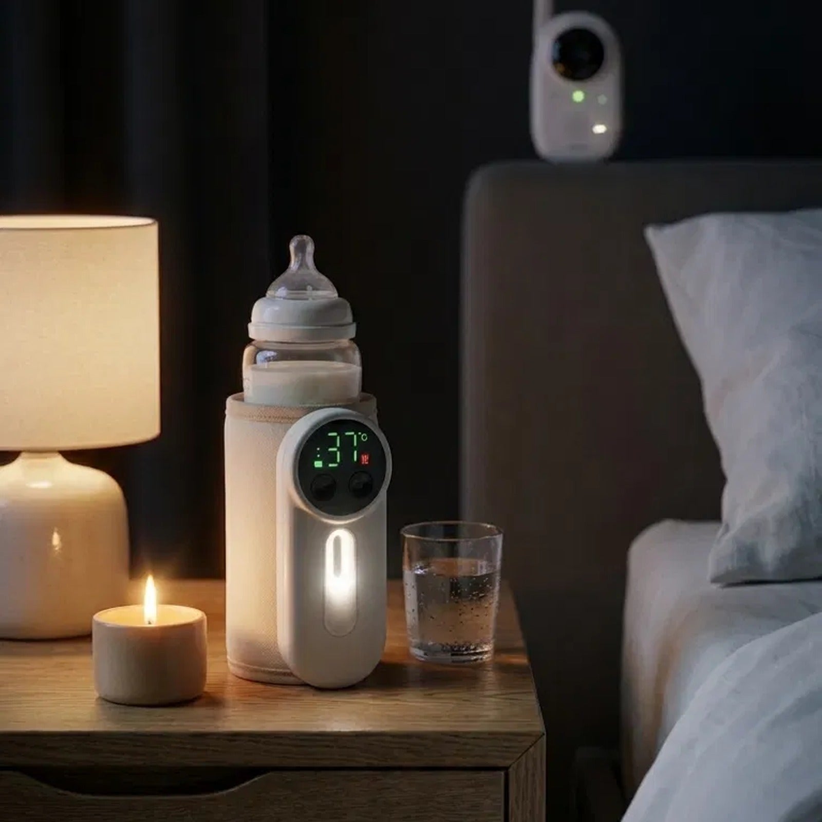 ZuzuNest bottle warmer on a bedside table with candle and baby monitor — view 6