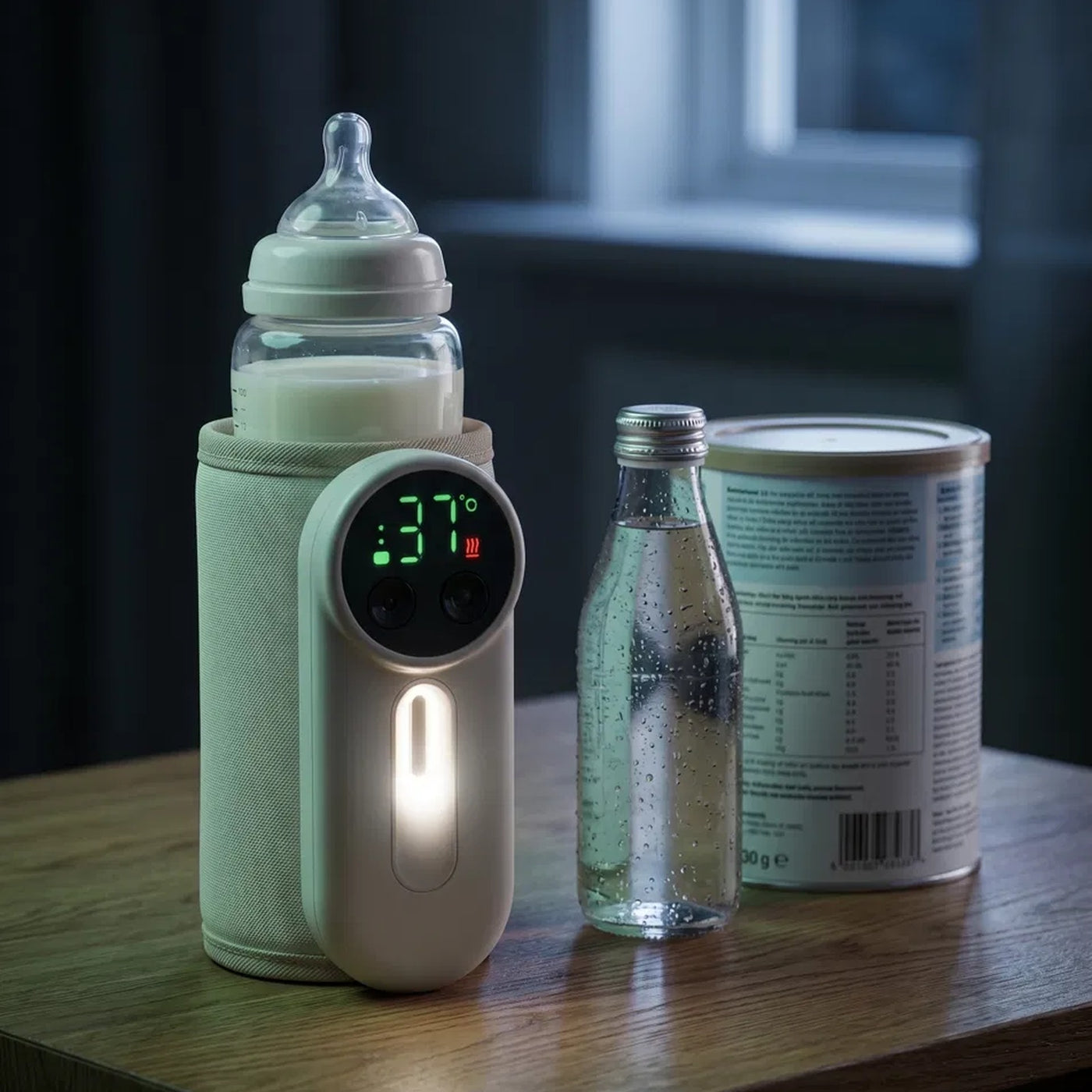 ZuzuNest warming a baby bottle next to formula on a night table — view 4