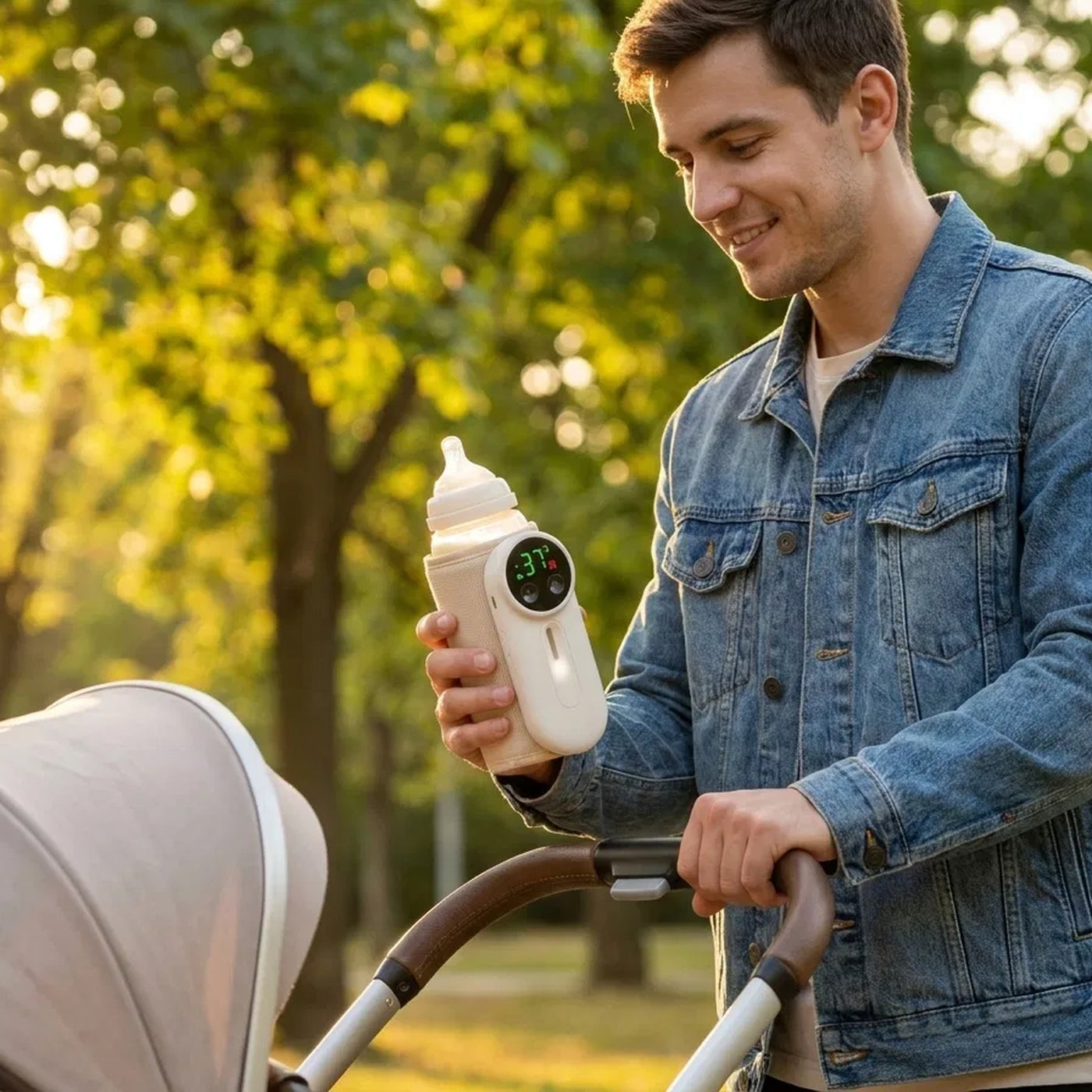 Father warming a bottle with ZuzuNest while out walking the stroller — view 5